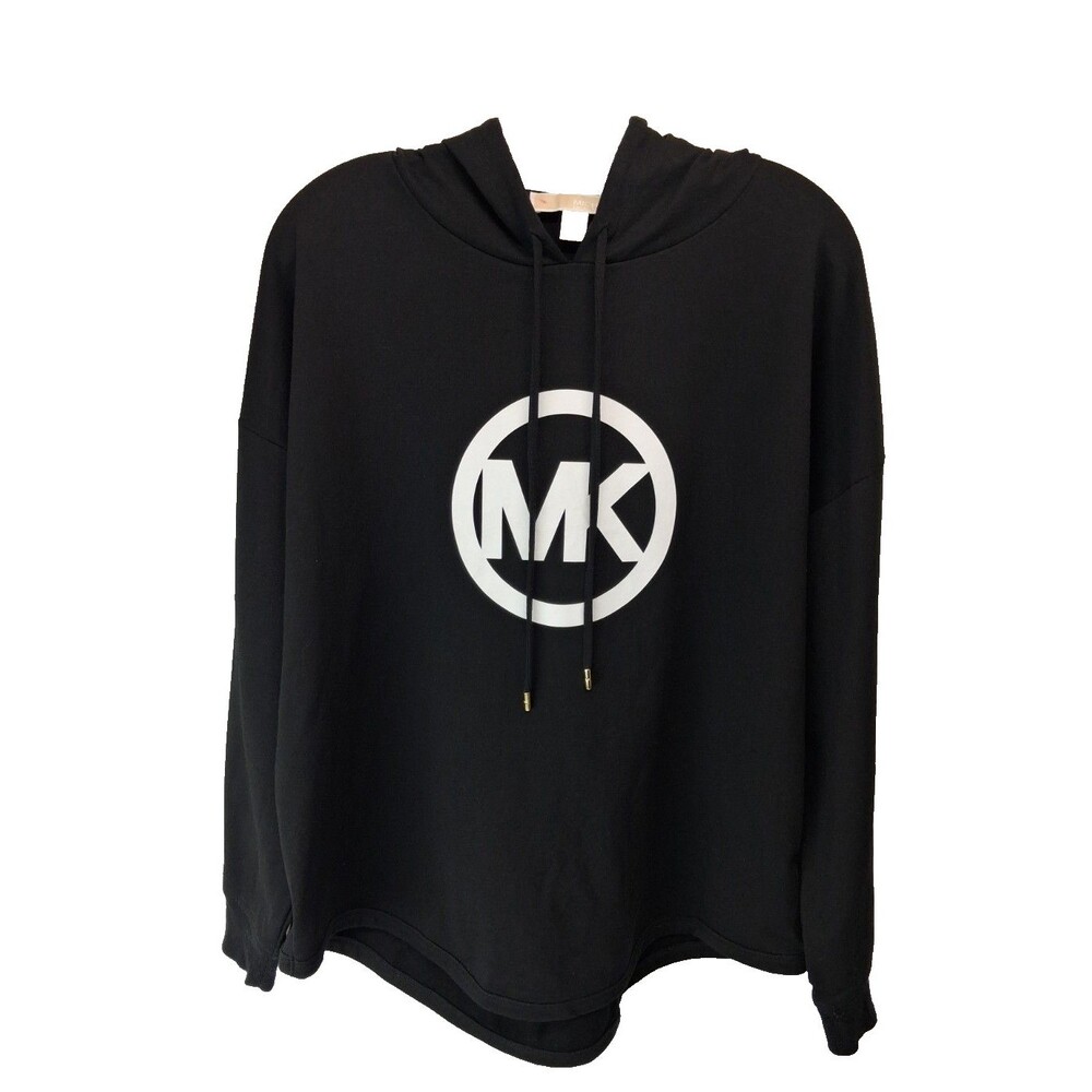 Michael Kors Women's White Logo Light Weight Long Sleeve Black Hoodie Large